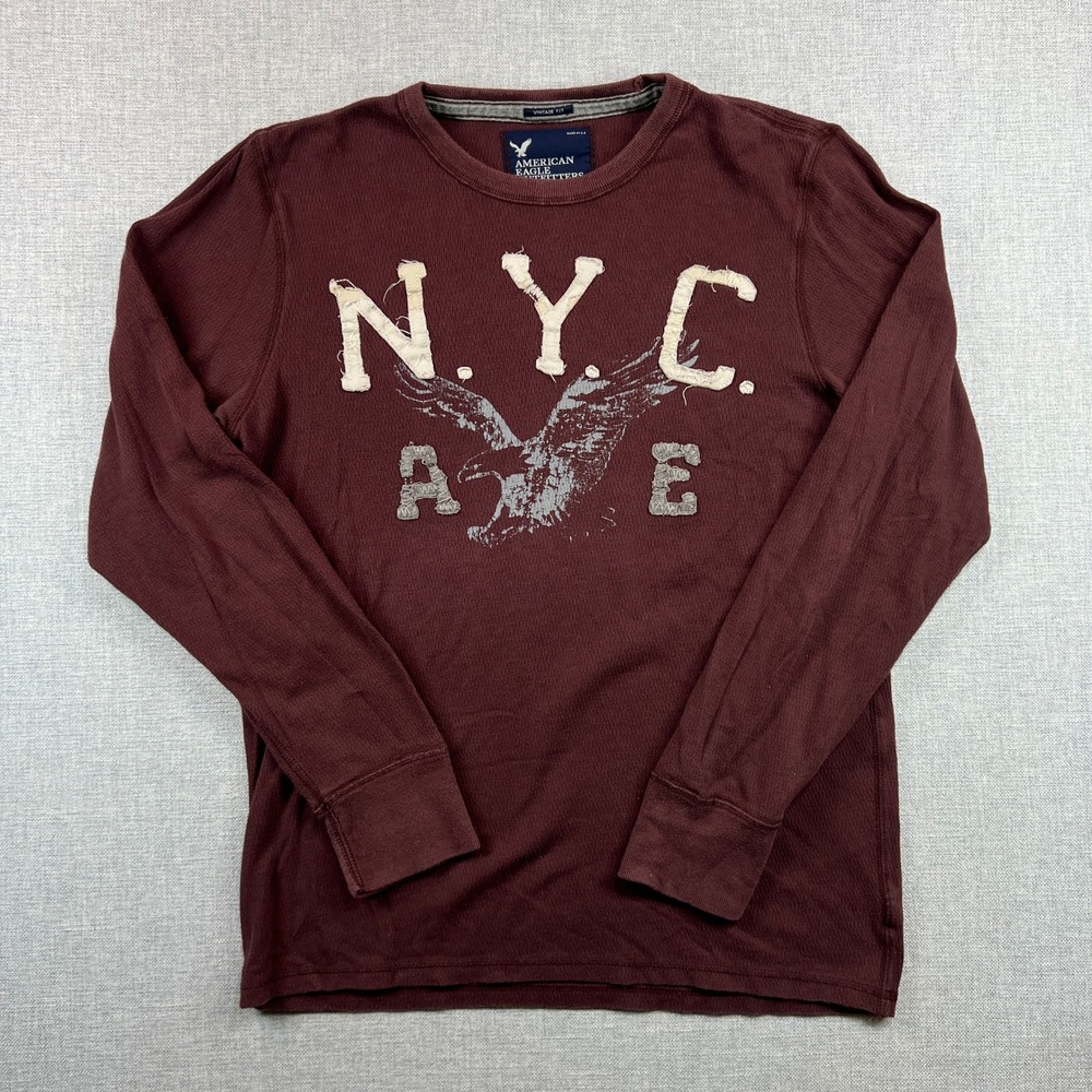 Y2K American Eagle NYC Appliqué Graphic Thermal Shirt Men XLT Burgundy Mallcore